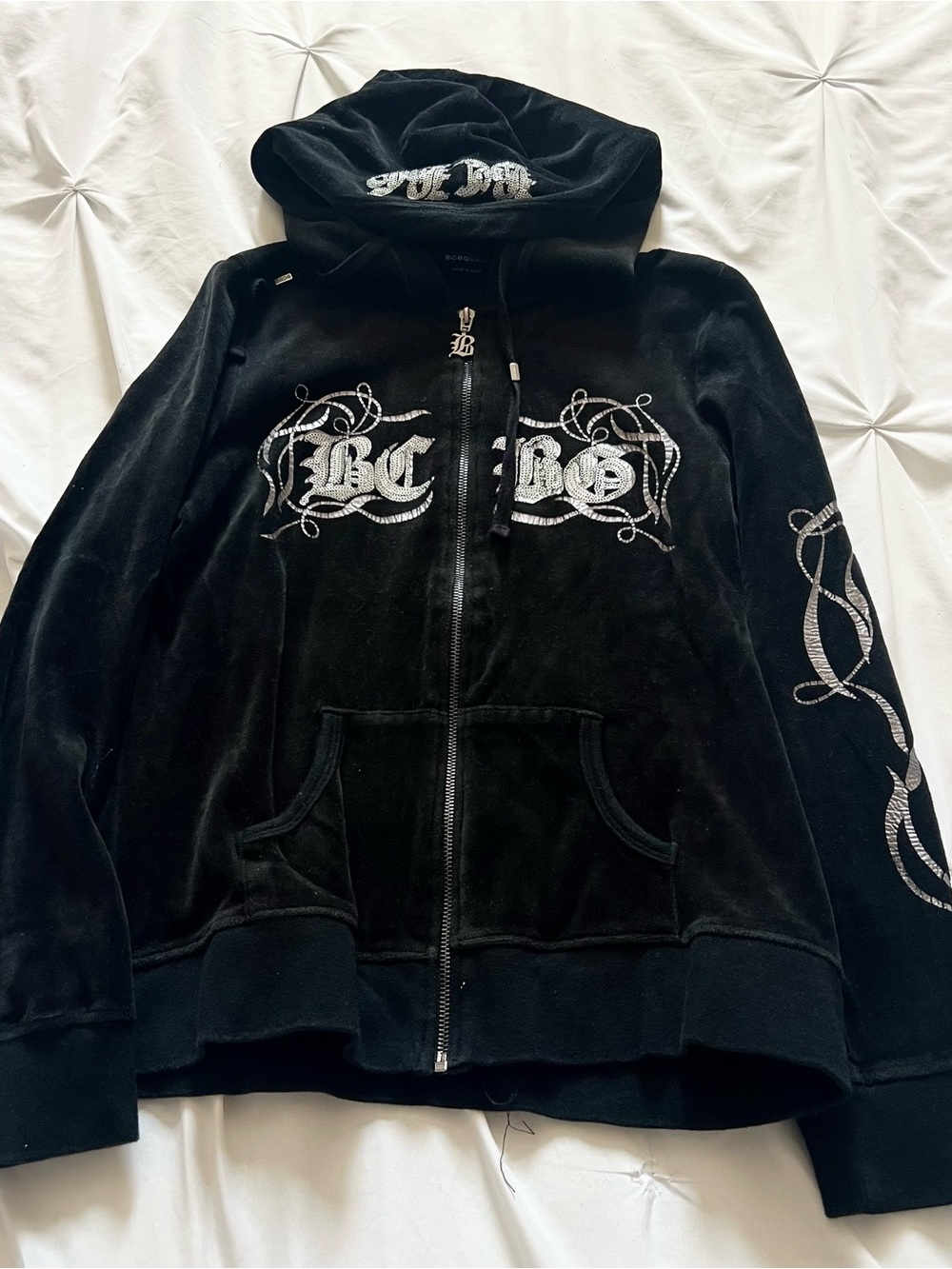 BCBG Black Velour Zip Hoodie with Silver Embroidered Script